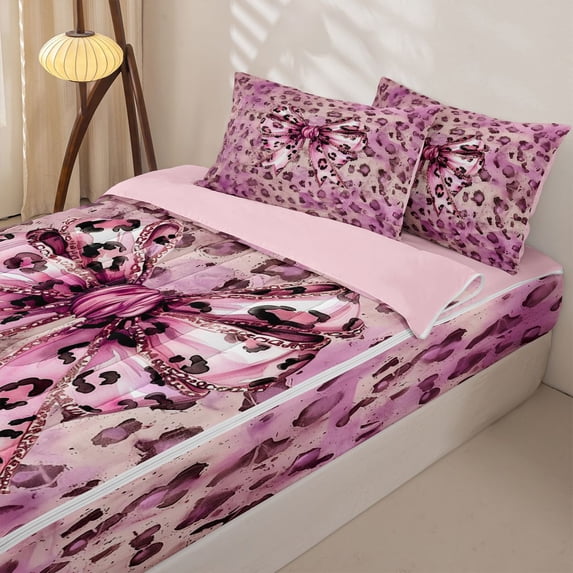 Homewish Kid Cheetah Print Ribbon Zipper Full Size Comforter Sets with Fitted Sheet and 2 Pillowcases, Old Fashion Bowknot Zipper Bedding Set, Pink Reversible, 4-Piece