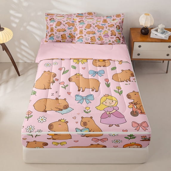 Homewish Kid Cute Capybara Zipper Twin Comforter Sets with Fitted Sheet and 2 Pillowcases, Bow Princess Fairy Zipper Bedding Set, Pink Reversible, 4-Piece