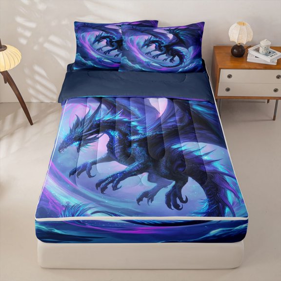 Homewish Kid Dragon Wildlife Zipper Full Size Comforter Sets with Fitted Sheet and 2 Pillowcases, Blue Purple Starry Sky Zipper Bedding Set, Navy Reversible, 4 Pieces