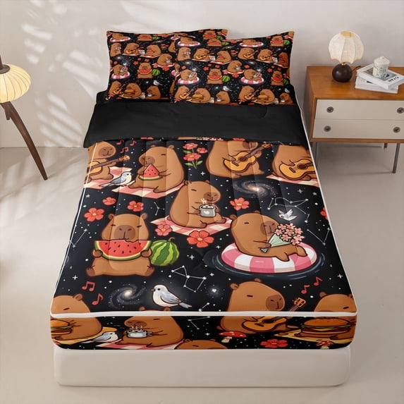 Homewish Kid Flower Capybara Zipper Full Size Comforter Sets with Fitted Sheet and 2 Pillowcases, Galaxy Stars Zipper Bedding Set, Black Brown, Black Reversible, 4 Pieces