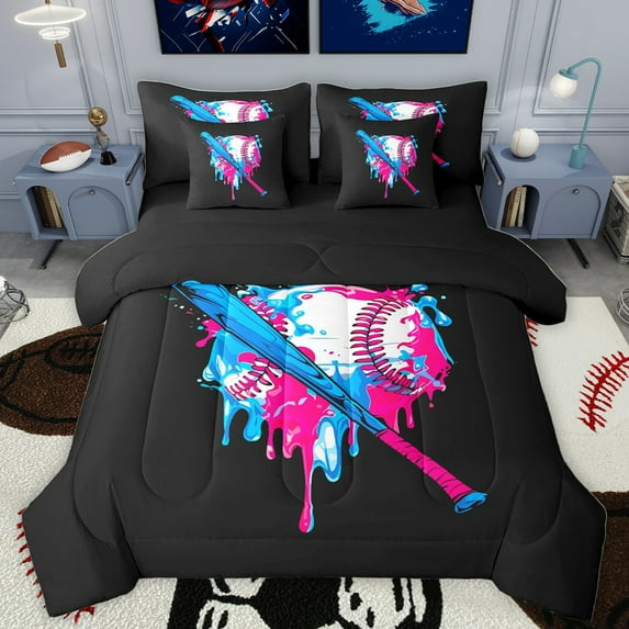 Homewish Kids Ball Game 7-Piece Twin Bedding Sets,Baseball Sport Theme Bedding Comforter Set,Watercolor Splatter Ink Sheet Sets For Girls Boys,Ultra Soft Home Decor Reversible