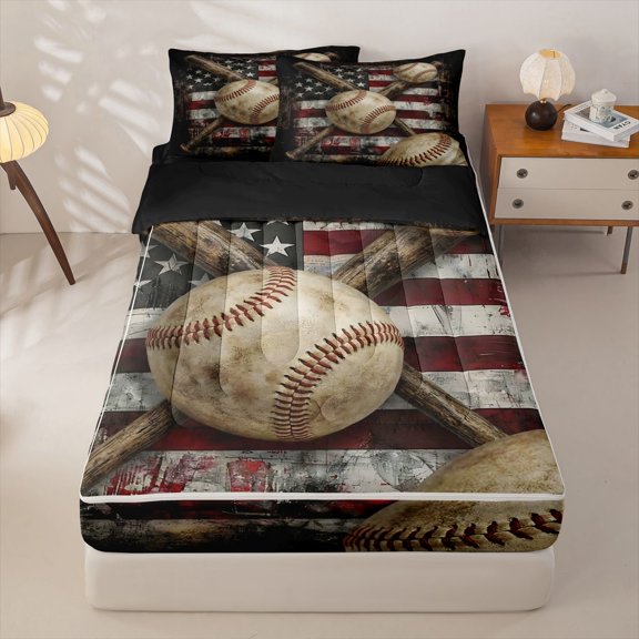 Homewish Kids Baseball Games Zipper Twin Comforter Sets with Fitted Sheet and 2 Pillowcases,Boys Ball Sport Zipper Bedding Set For Baseball Lover,Black Reversible,4 Pieces