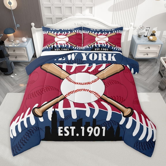 Homewish Kids Baseball Gaming Bedding Comforter Set,Ball Sport City Twin Comforter Sets,New York Silhouette Bedding Set For Teens Boy,Microfiber Bedroom Decor Reversible,2pcs