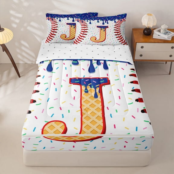Homewish Kids Baseball Gaming Zipper Full Size Comforter Sets with Fitted Sheet and 2 Pillowcases, Cartoon Initial J Zipper Bedding Set, Reversible, 4pcs