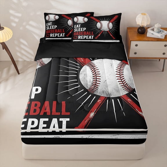 Homewish Kids Baseball Sport Zipper Twin Comforter Sets with Fitted Sheet and 2 Pillowcases,Boys Ball Games Theme Zipper Bedding Set,Black Reversible,4 Pieces