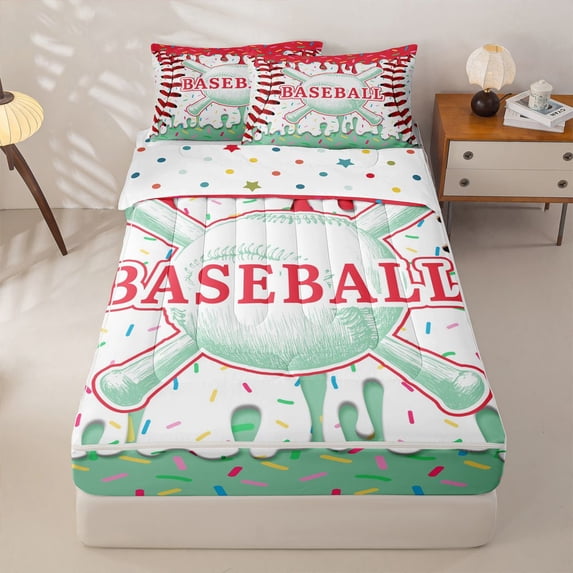 Homewish Kids Baseball Sport Zipper Twin Comforter Sets with Fitted Sheet and 2 Pillowcases,Teens Ball Gamer Zipper Bedding Set For Ice Cream Baseball Lover,Reversible,4 Pieces