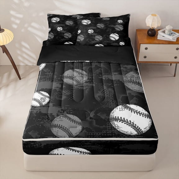 Homewish Kids Baseball Zipper Full Size Comforter Sets with Fitted Sheet and 2 Pillowcases For Boys,Sports Theme Zipper Bedding Set,Black Gray,Black Reversible,4 Pieces
