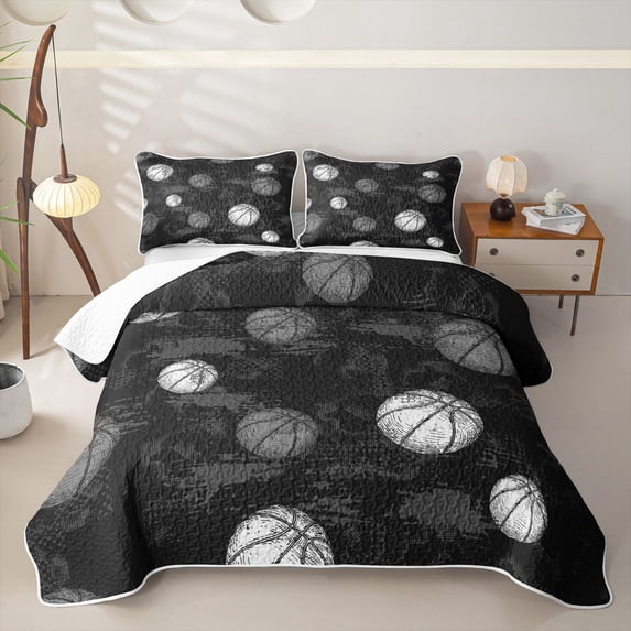 Homewish Kids Basketball Bed Spread Queen For Boys,Sports Theme Queen Coverlet Set,Black Gray,3 Pieces