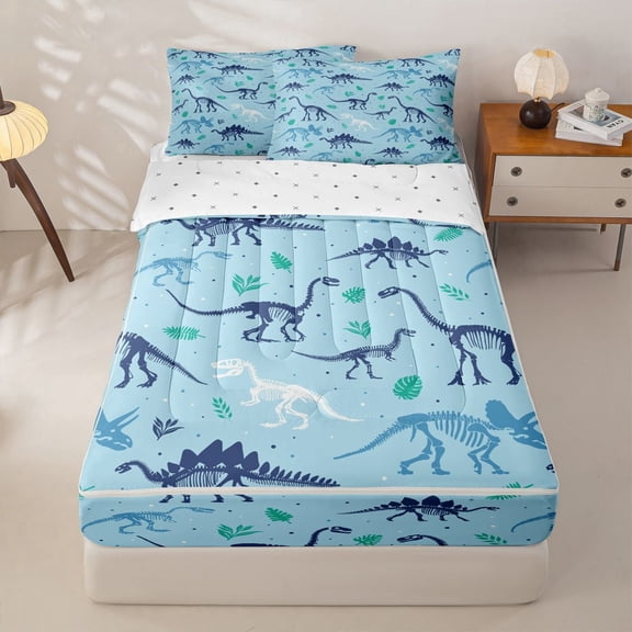 Homewish Kids Boys Dinosaur Zipper Full Size Comforter Sets with Fitted Sheet and 2 Pillowcases,Blue Dino Animal Zipper Bedding Set,Reversible,4-Piece