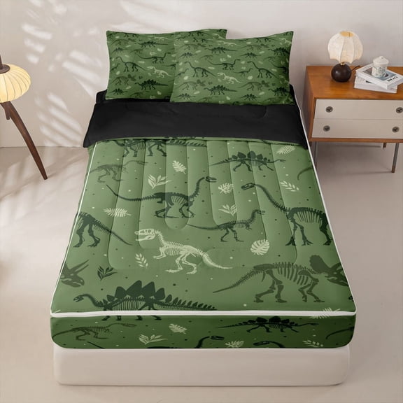 Homewish Kids Boys Dinosaur Zipper Full Size Comforter Sets with Fitted Sheet and 2 Pillowcases,Green Dino Animal Zipper Bedding Set,Black Reversible,4 Pieces