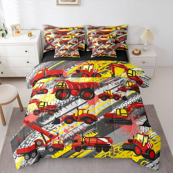 Homewish Kids Boys Red Truck 7 Pieces Bedding Comforter Set,Cartoon Car Theme Full Bedding Set Lightweight,Graffiti Splash Fitted Sheet Flat Sheet,Lightweight Room Decor,Reversible