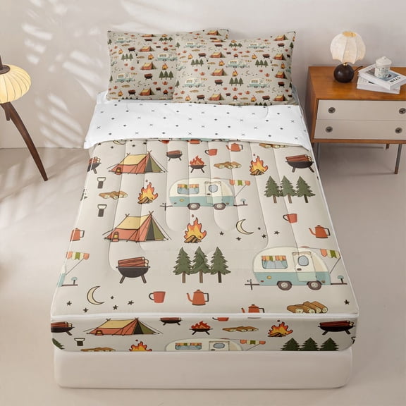 Homewish Kids Camper Zipper Twin Comforter Sets with Fitted Sheet and 2 Pillowcases,Rustic Farmhouse Cabin Adventure Zipper Bedding Set,Reversible,4 Pieces