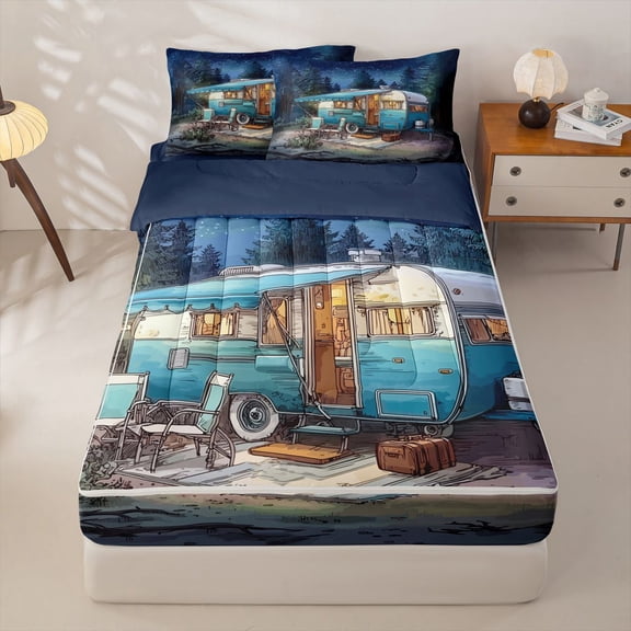Homewish Kids Camper Zipper Twin Comforter Sets with Fitted Sheet and 2 Pillowcases For Travel Trailers,Country Adventure Theme Zipper Bedding Set For Boy,Navy Blue Reversible,4-Piece