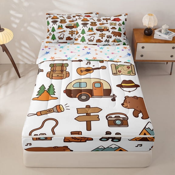 Homewish Kids Camper Zipper Twin Comforter Sets with Fitted Sheet and 2 Pillowcases For Travel Trailers,Rustic Adventure Theme Zipper Bedding Set For Boy Men,Reversible,4-Piece