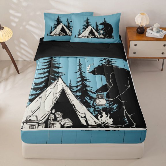 Homewish Kids Camping Themed Zipper Twin Comforter Sets with Fitted Sheet and 2 Pillowcases,Jungle Animal Bear Zipper Bedding Set For Boys Men,Reversible,4 Pieces