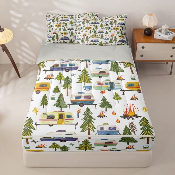 Homewish Kids Camping Zipper Twin Comforter Sets with Fitted Sheet and 2 Pillowcases For Camper Gifts,Colorful Cartoon RV Zipper Bedding Set For Girl Kids,Lightgray Reversible,4 Pieces