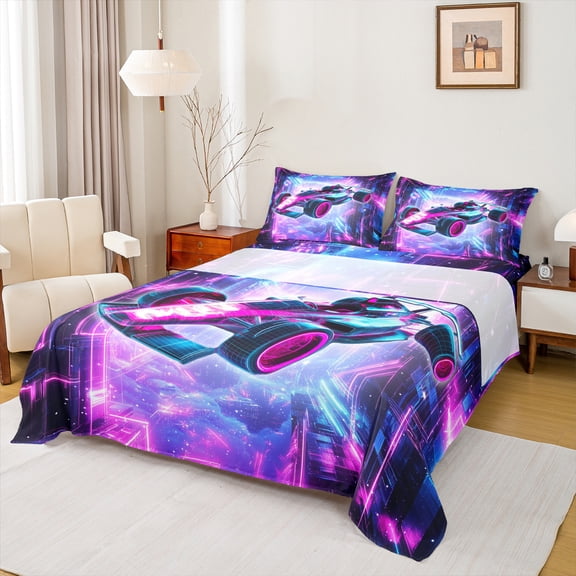 Homewish Kids Cartoon Automobile Queen Sheet Sets, Fuchsia Blue Cartoon Flat Sheet, Racing Car Lover Queen Fitted Sheet, Breathable Home Decor, 4 Pieces