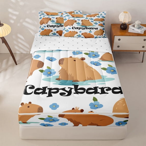 Homewish Kids Cartoon Capybara Zipper Full Size Comforter Sets with Fitted Sheet and 2 Pillowcases, Blue Flower Floral Zipper Bedding Set, Reversible, 4 Pieces
