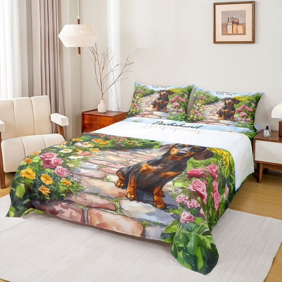 Homewish Kids Cartoon Dachshund Bed Sheets, Kawaii Dog Dalmatian King Sheets, Rustic Farmhouse Floral Sheet Set, Super Cozy Room Decor, 4 Pieces