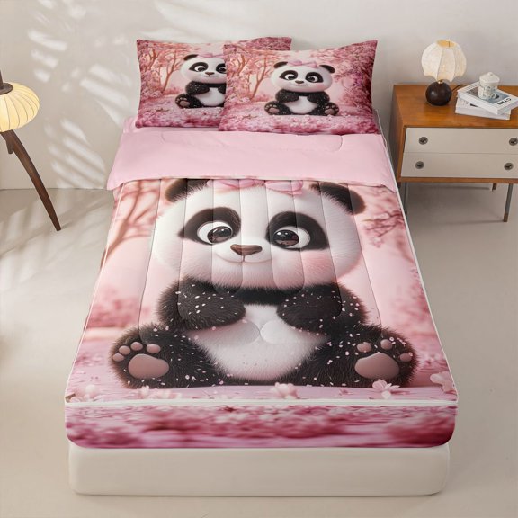 Homewish Kids Cartoon Panda Zipper Twin Comforter Sets with Fitted Sheet and 2 Pillowcases, Pink Cherry Blossoms Zipper Bedding Set, Pink Reversible, 4pcs