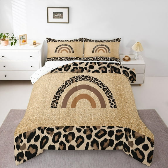 Homewish Kids Cartoon Rainbow Full Size Comforter Sets, Leopard Cheetah Print Bedding Comforter Set, Brown Sequin Print Reversible Bedding Sets, Luxury Bedroom Decor, 3pcs