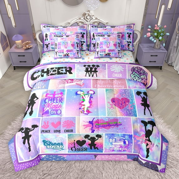 Homewish Kids Cheer Cheerleading 7-Piece Twin Bedding Sets,Cheerleader Dancing Lovers Bedding Comforter Set,Purple White Sheet Sets For Girls,Breathable Home Decor Reversible