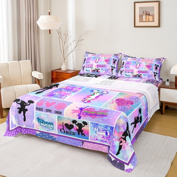 Homewish Cheer Purple White King 4-Piece Reversible Girls Dancing Sport Sheet Set