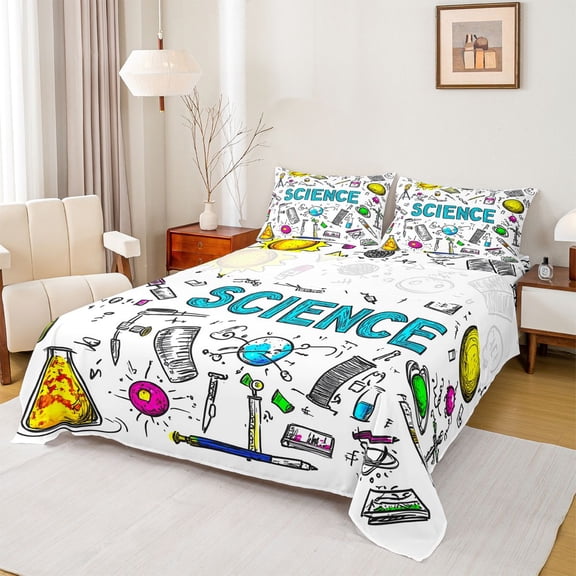 Homewish Kids Chemistry Twin Sheet Sets, White Black Graffiti Twin Fitted Sheet, Cartoon Science Theme Flat Sheet, Microfiber Bedroom Decor, 3-Piece