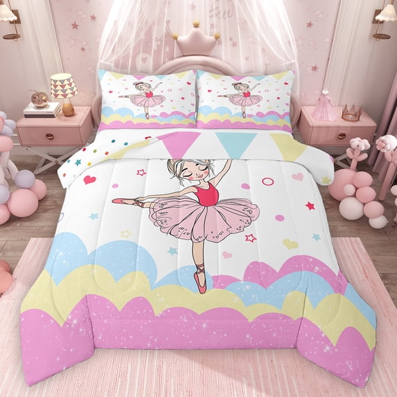 Homewish Kids Children Ballet Girl Bedding Comforter Set 2pcs,Dance Theme Twin Comforter Sets Microfiber,Abstract Gradient Glitter Breathable Bedding Set,Breathable Home Decor,Reversible