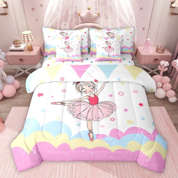 Homewish Kids Children Ballet Girl Bedding Comforter Set 7-Piece,Dance Theme King Bedding Sets,Abstract Gradient Glitter Ultra Soft Bed Sheets,Breathable Home Decor,Reversible