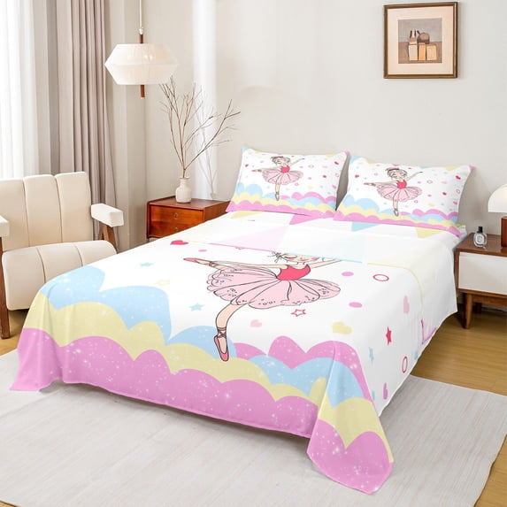 Homewish Kids Children Ballet Girl Twin Sheet Sets 3pcs,Dance Theme Twin Fitted Sheet Microfiber,Abstract Gradient Glitter Breathable Flat Sheet,Breathable Home Decor