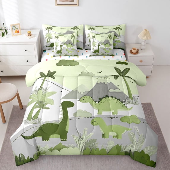 Homewish Kids Children Cartoon Dinosaur 7 Pieces Bedding Comforter Set,Kawaii Jungle Animal Full Bedding Set Lightweight,Cute Dino Fitted Sheet Flat Sheet,Lightweight Room Decor,Reversible
