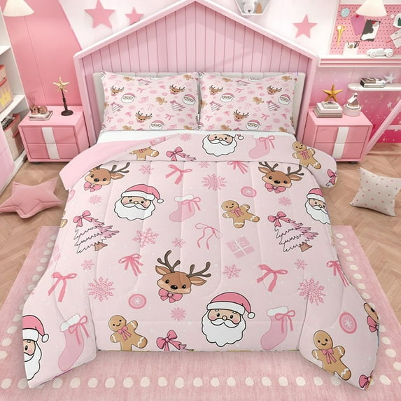 Homewish Kids Children Cartoon Santa Claus Deer 2pcs Bedding Comforter Set,Kawaii Pink Bow Twin Comforter Sets,Merry Christmas Breathable Bedding Set,Microfiber Bedroom Decor,Reversible