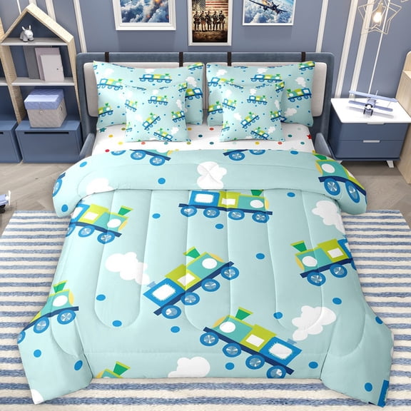 Homewish Kids Children Cartoon Train Bedding Comforter Set 7-Piece,Transportation Theme King Bedding Sets,Steam Engine Railway Ultra Soft Bed Sheets,Breathable Home Decor,Reversible