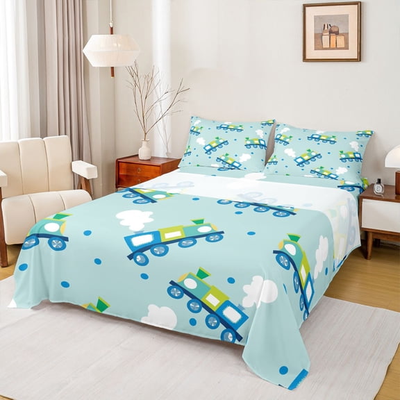 Homewish Kids Children Cartoon Train Twin Sheet Sets 3pcs,Transportation Theme Twin Fitted Sheet Microfiber,Steam Engine Railway Breathable Flat Sheet,Breathable Home Decor
