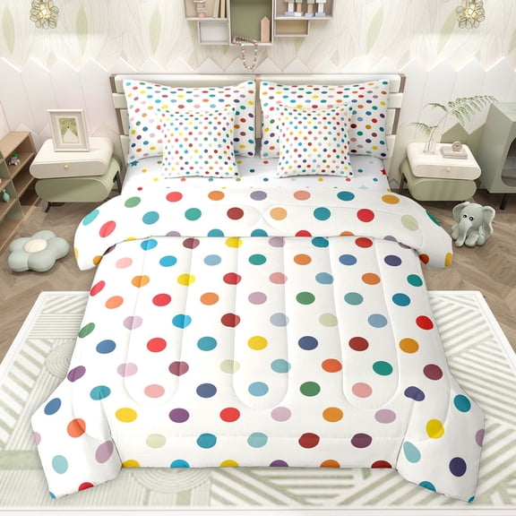 Homewish Kids Children Colorful Polka Dots Bedding Comforter Set 7 Pieces,Minimalist Circle Full Bedding Set Lightweight,Mid Century Vintage Geometric Fitted Sheet Flat Sheet