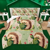 Homewish Kids Children Cute Hedgehog Bedding Comforter Set 2pcs,Kawaii Animal Twin Comforter Sets Microfiber,Green Floral Cactus Breathable Bedding Set,Microfiber Bedroom Decor,Reversible