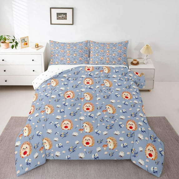 Homewish Kids Children Cute Hedgehog Full Size Comforter Sets 3-Piece,Flowers Animal Bedding Comforter Set,Cartoon Floral Wildlife Lightweight Bedding Sets,Microfiber Bedroom Decor,Reversible