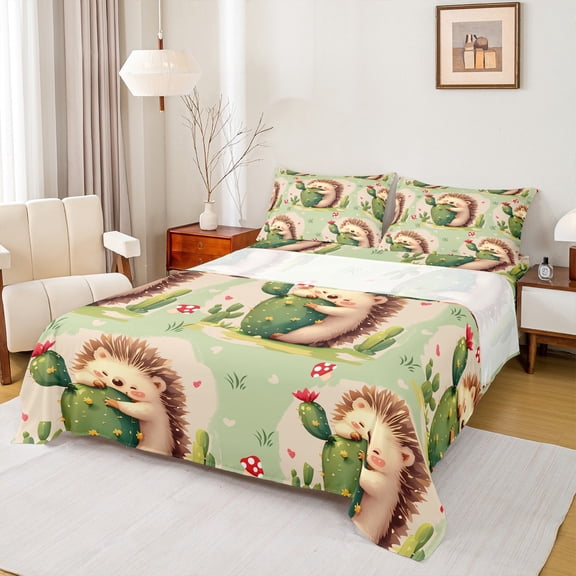 Homewish Kids Children Cute Hedgehog Twin Sheet Sets 3pcs,Kawaii Animal Twin Fitted Sheet Microfiber,Green Floral Cactus Breathable Flat Sheet,Microfiber Bedroom Decor