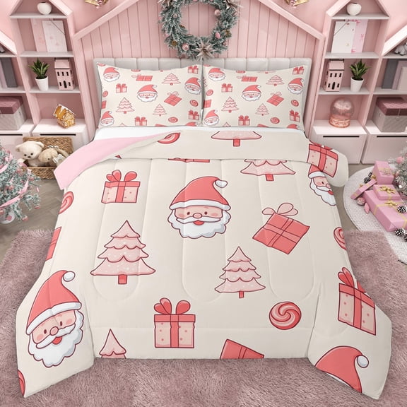 Homewish Kids Children Cute Santa Claus 3 Pieces Queen Comforter Set,Happy Xmas Ultra Soft Bedding Sets,Merry Christmas Bedding Comforter Set Breathable,Luxury Bedroom Decor,Reversible