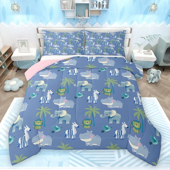 Homewish Kids Children Elephant Zebra Hippopotamus Bedding Comforter Set 2pcs,Kawaii Jungle Animal Twin Comforter Sets Microfiber,Cartoon Wildlife Breathable Bedding Set,Microfiber Bedroom Decor