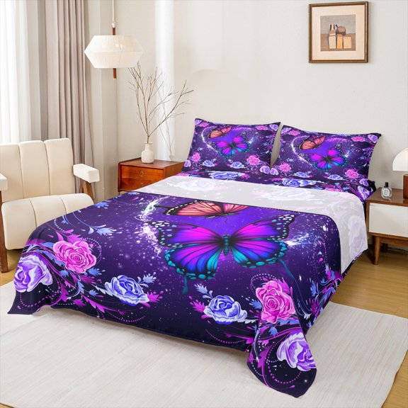 Homewish Kids Children Floral Flying Butterflies 4 Pieces Queen Sheet Sets,Chic Flowers Rose Ultra Soft Flat Sheet,Bling Starry Sky Glitter Queen Fitted Sheet,Ultra Soft Home Decor