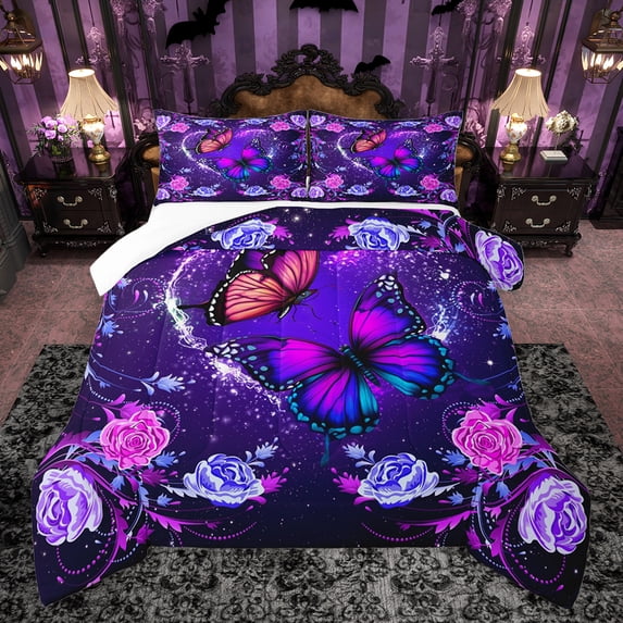 Homewish Kids Children Floral Flying Butterflies Bedding Comforter Set 2pcs,Chic Flowers Rose Twin Comforter Sets Microfiber,Bling Starry Sky Glitter Breathable Bedding Set,Ultra Soft Home Decor