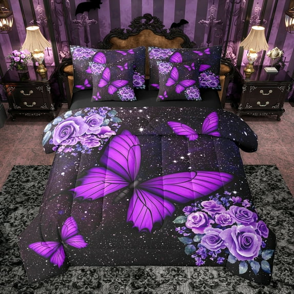 Homewish Kids Children Flying Butterflies Bedding Comforter Set 7pcs,Bling Starry Sky Glitter Queen Bedding Sets Super Cozy,Chic Floral Flowers Rose Queen Sheet Sets,Ultra Soft Home Decor