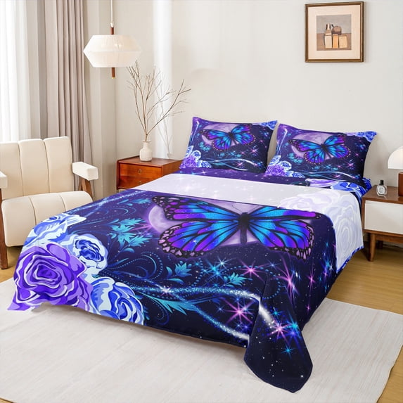 Homewish Kids Children Flying Butterflies Full Size Sheets 4-Piece,Chic Floral Flowers Breathable Bed Sheets,Bling Starry Sky Glitter Lightweight Sheet Sets,Ultra Soft Home Decor