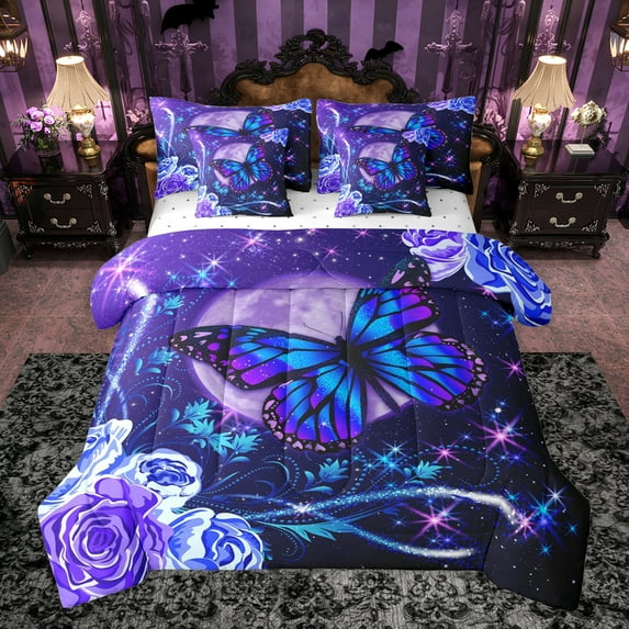 Homewish Kids Children Flying Butterflies Twin Bedding Sets 7-Piece,Chic Floral Flowers Bedding Comforter Set Microfiber,Bling Starry Sky Glitter Breathable Sheet Sets,Ultra Soft Home Decor