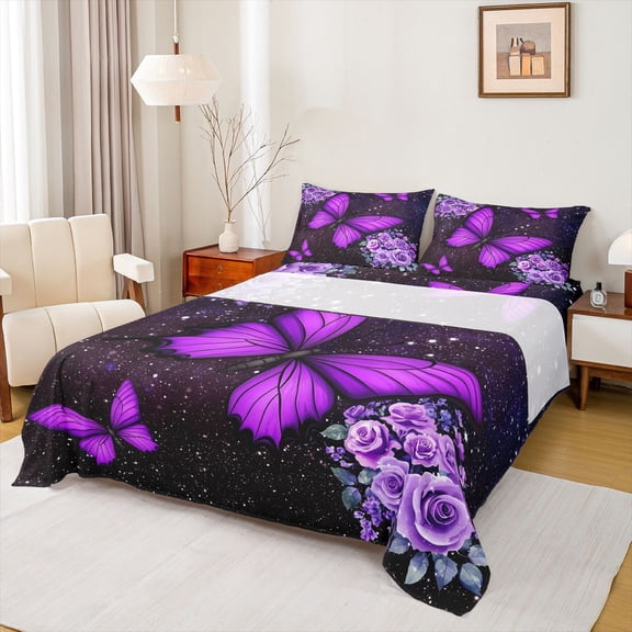 Homewish Kids Children Flying Butterflies Twin Sheet Sets 3pcs,Bling Starry Sky Glitter Twin Fitted Sheet Microfiber,Chic Floral Flowers Rose Breathable Flat Sheet,Ultra Soft Home Decor