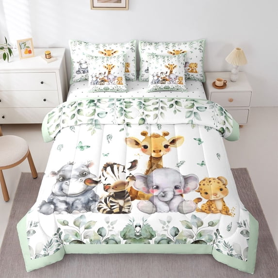 Homewish Kids Children Giraffe Zebra Elephant Bedding Comforter Set 7 Pieces,Cute Jungle Animal Full Bedding Set Lightweight,Woodland Wildlife Fitted Sheet Flat Sheet,Breathable Home Decor