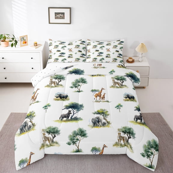Homewish Kids Children Giraffe Zebra Elephants 3 Pieces Queen Comforter Set,Jungle Animal Ultra Soft Bedding Sets,Woodland Wildlife Bedding Comforter Set Breathable,Breathable Home Decor,Reversible