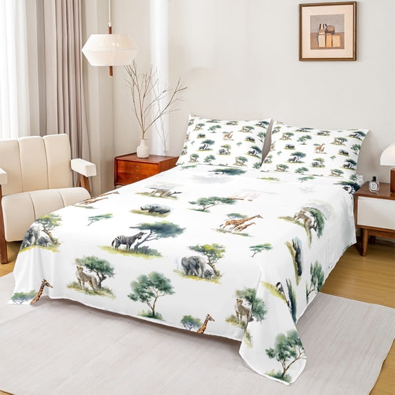 Homewish Kids Children Giraffe Zebra Elephants 4pcs Bed Sheets,Jungle Animal King Sheets,Woodland Wildlife Super Cozy Sheet Set,Breathable Home Decor